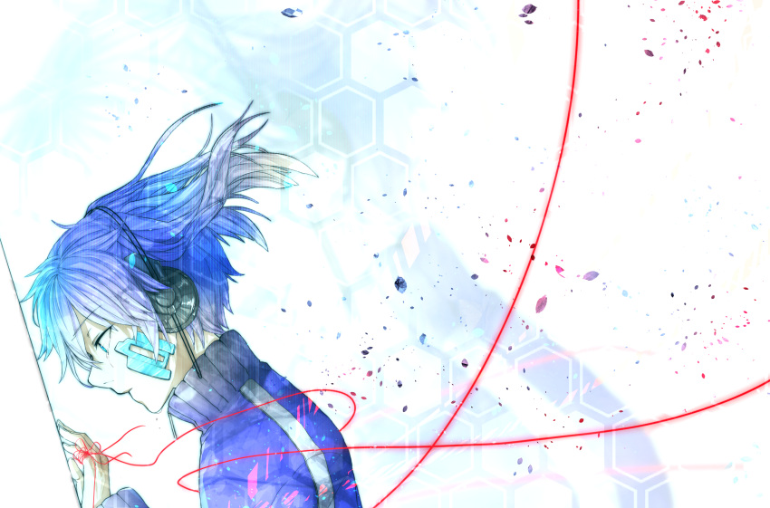 1girl absurdres blue_eyes blue_hair ene_(kagerou_project) headphones highres kagerou_project long_hair petals red_string rubill solo string twintails