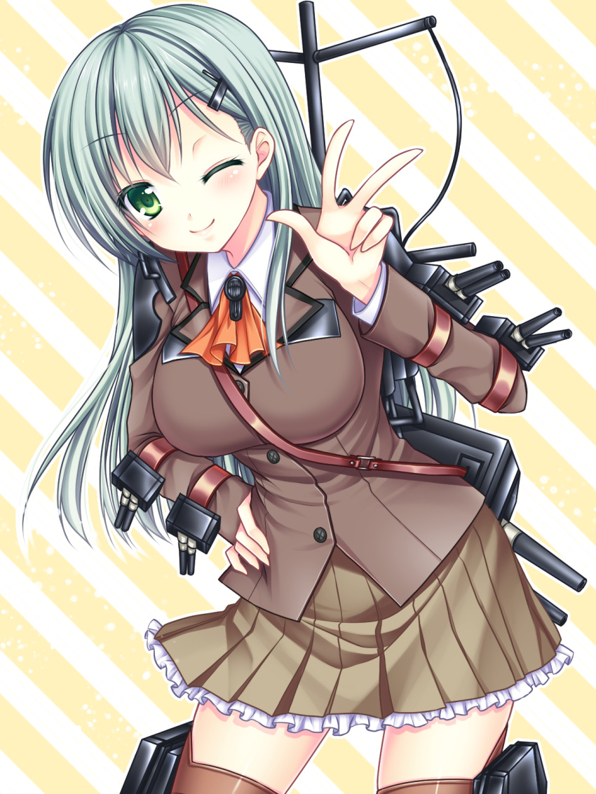 1girl asazuki_kanai breasts green_eyes green_hair hair_ornament hairclip highres kantai_collection long_hair looking_at_viewer personification school_uniform skirt smile solo striped striped_background suzuya_(kantai_collection) thigh-highs wink