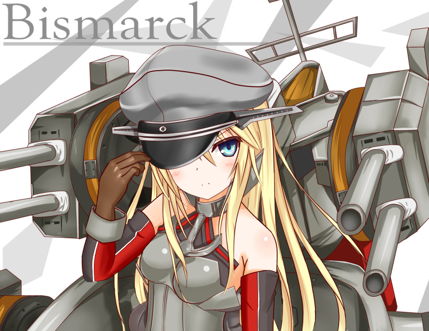 1girl adjusting_clothes adjusting_hat bismarck_(kantai_collection) blonde_hair blue_eyes breasts character_name detached_sleeves gloves hat highres kantai_collection langley1000 long_hair peaked_cap personification solo