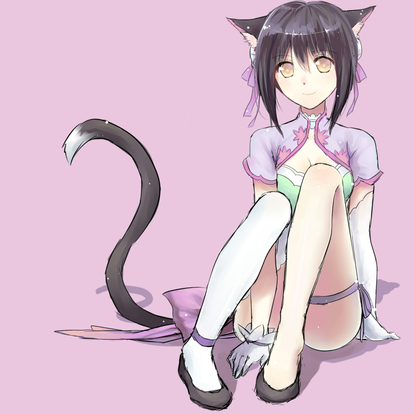 1girl animal_ears black_hair cat_ears highres legs shaomei_rin shining_(series) shining_hearts single_thighhigh sitting solo tail thigh-highs