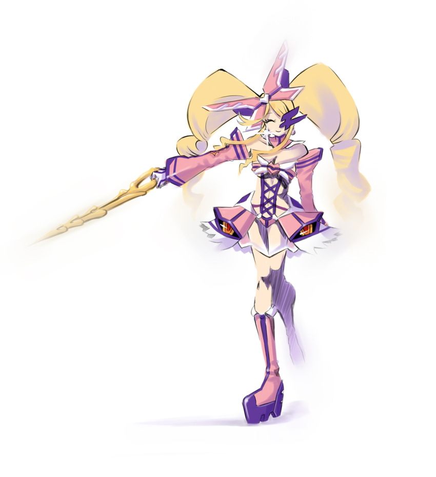 1girl alternate_costume blonde_hair boots breasts cleavage detached_collar detached_sleeves drill_hair eyepatch gloves harime_nui highres junketsu kill_la_kill knee_boots long_hair muwa platform_footwear see-through smile solo twin_drills weapon white_gloves