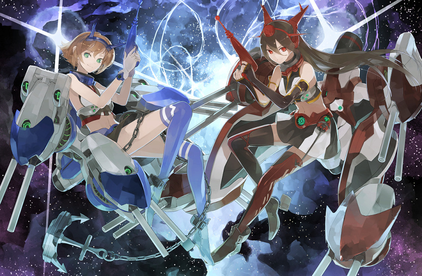 2girls anchor bare_shoulders black_gloves black_legwear blue_legwear brown_hair cannon chain commentary elbow_gloves energy_gun gloves green_eyes hair_ornament kantai_collection long_hair looking_at_viewer machinery mecha_musume midriff multiple_girls mutsu_(kantai_collection) nagato_(kantai_collection) personification red_eyes shihou_(g-o-s) shirt short_hair skirt smile space thigh-highs very_long_hair weapon white_gloves