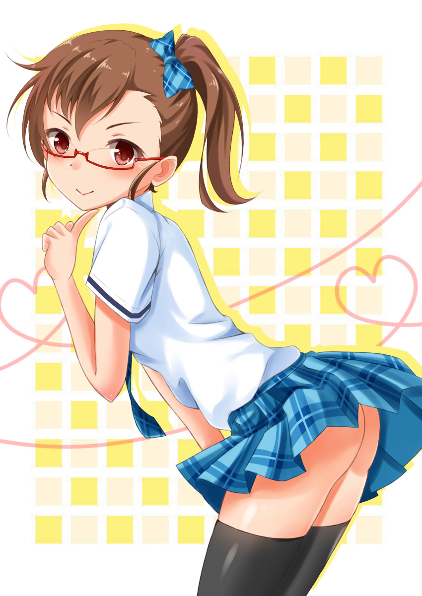 1girl absurdres black_legwear blush bow brown_hair finger_to_chin fuku_d futami_mami glasses hair_bow heart heart_of_string highres idolmaster leaning_forward plaid plaid_skirt red-framed_glasses red_eyes rough_time_school school_uniform semi-rimless_glasses short_hair side_ponytail skirt smile solo thigh-highs under-rim_glasses