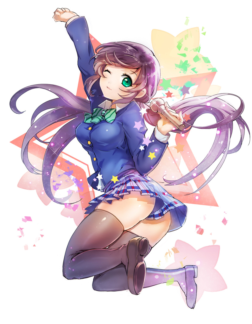 1girl ;) ass black_legwear breasts green_eyes highres loafers long_sleeves love_live!_school_idol_project low_twintails microphone plaid plaid_skirt purple_hair school_uniform shoes sibyl skirt star thigh-highs toujou_nozomi twintails wink zettai_ryouiki