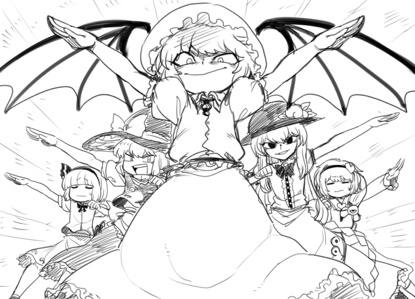 5girls bat_wings female food fruit hat hinanawi_tenshi kirisame_marisa komeiji_satori konpaku_youmu multiple_girls parody peach pose remilia_scarlet space_jin super_sentai touhou wings