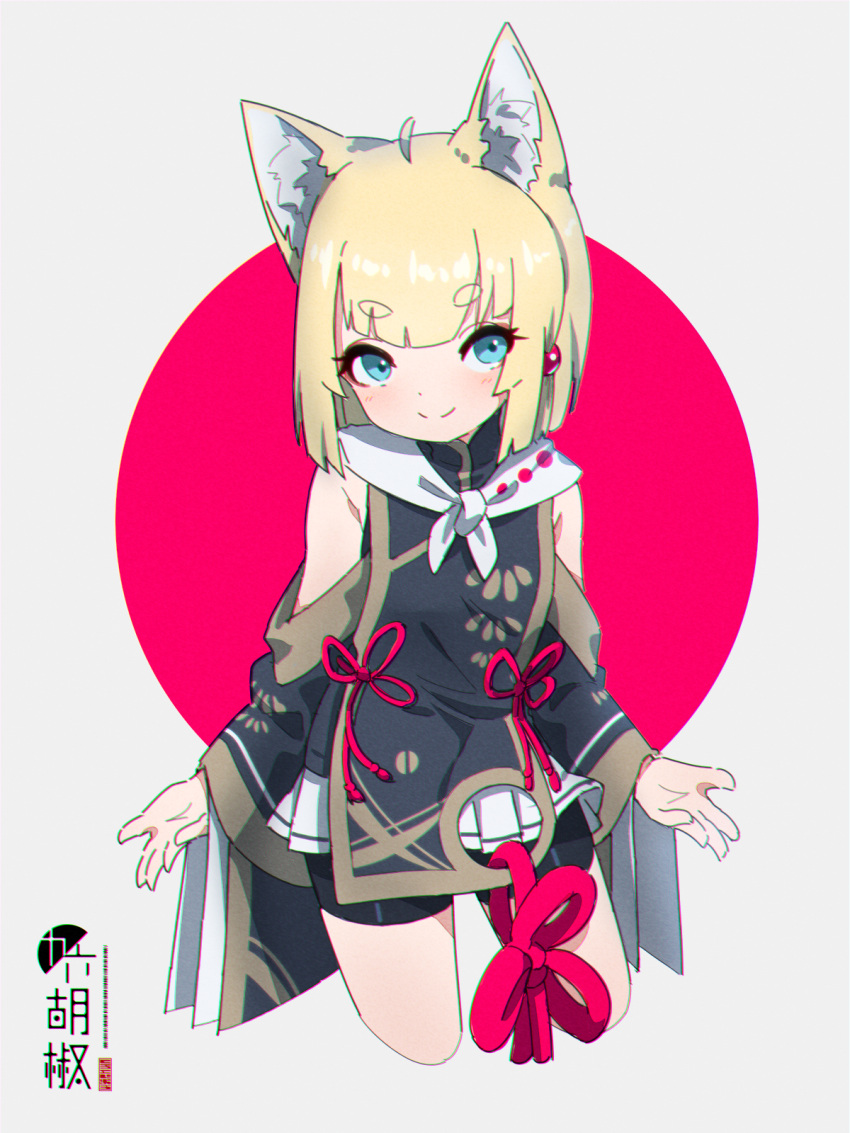 1girl ahoge animal_ear_fluff animal_ears artist_name bangs bare_shoulders bike_shorts black_shorts blonde_hair blue_eyes blunt_bangs blush chromatic_aberration circle closed_mouth commentary_request cropped_legs disconnected_mouth eyebrows_visible_through_hair fox_ears fox_girl fox_tail grey_background highres kuro-chan_(kuro_kosyou) kuro_kosyou looking_at_viewer original pleated_skirt red_background short_eyebrows short_shorts shorts shorts_under_skirt skirt smile solo tail thick_eyebrows two-tone_background white_skirt