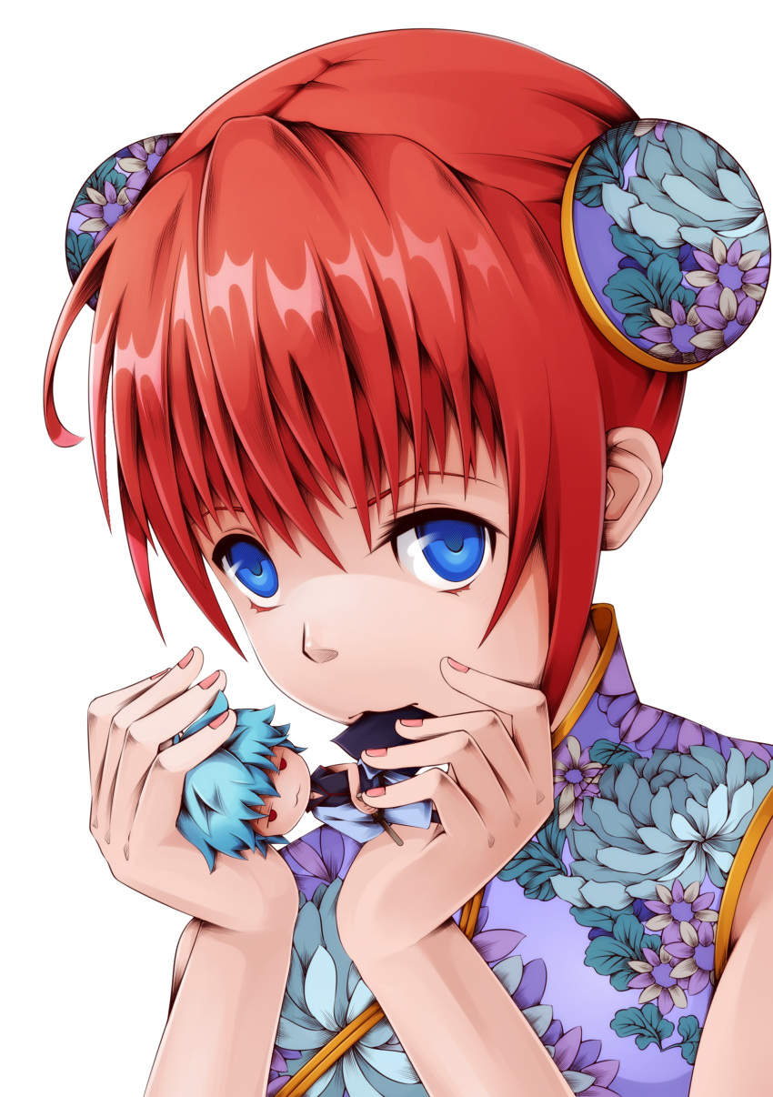 1girl 52ikaros absurdres blue_eyes bun_cover bust character_doll china_dress chinese_clothes double_bun floral_print gintama hairpods highres kagura_(gintama) mouth_hold orange_hair solo