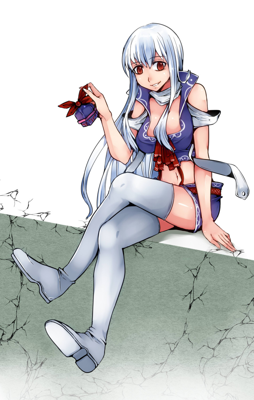 1girl :d adapted_costume aoshima blue_hair boots breasts crack hat hat_removed headwear_removed highres kamishirasawa_keine legs long_hair open_mouth short_shorts shorts sitting smile tagme thigh-highs thigh_boots touhou