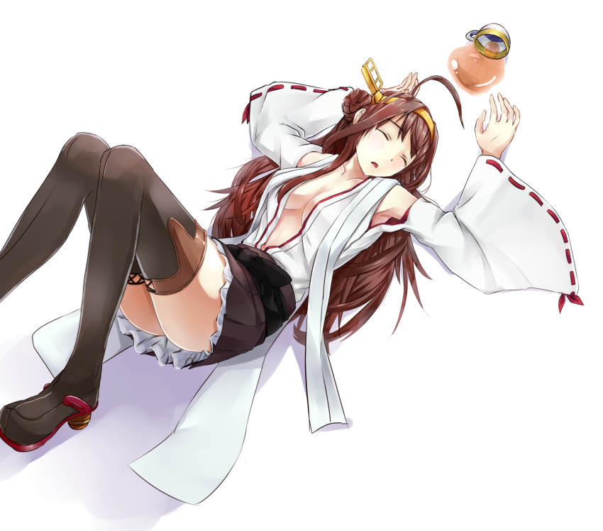 1girl ahoge black_legwear blush boots breasts brown_hair cleavage cup headgear highres kantai_collection knees_up kongou_(kantai_collection) long_hair lying makkori nontraditional_miko on_back personification sleeping solo spill tea teacup thigh-highs thigh_boots