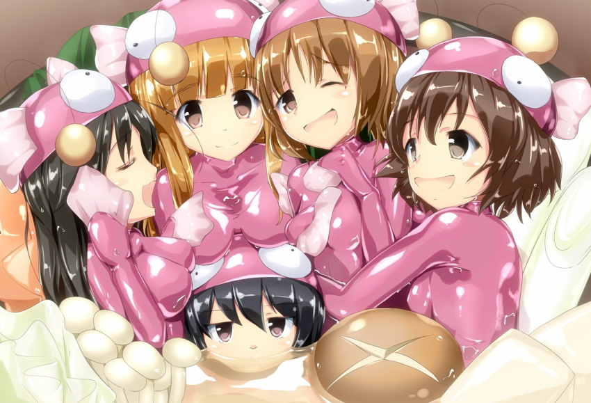 5girls akiyama_yukari black_hair bodysuit brown_eyes brown_hair closed_eyes girls_und_panzer isuzu_hana long_hair multiple_girls naka nishizumi_miho reizei_mako short_hair takebe_saori wink