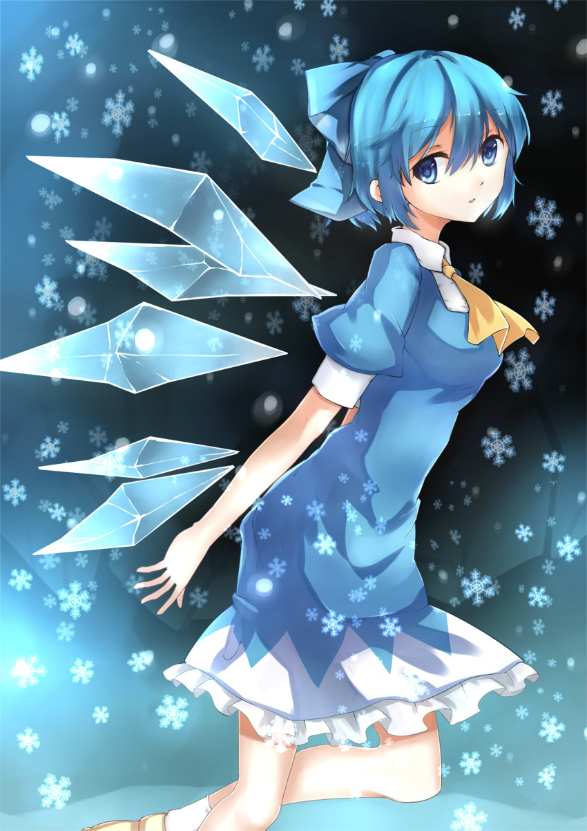 1girl absurdres ascot blue_eyes blue_hair bow breasts cirno dress expressionless gosledging gradient gradient_background hair_bow highres ice ice_wings leg_up looking_at_viewer short_hair short_sleeves snowflakes solo touhou wings