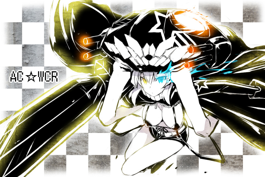 1girl akaza bikini_top black_rock_shooter_(character) black_rock_shooter_(cosplay) blue_eyes breasts cape checkered checkered_background cosplay gloves glowing glowing_eyes heterochromia kantai_collection long_hair pale_skin personification shinkaisei-kan shorts silver_hair solo star weapon wo-class_aircraft_carrier yellow_eyes