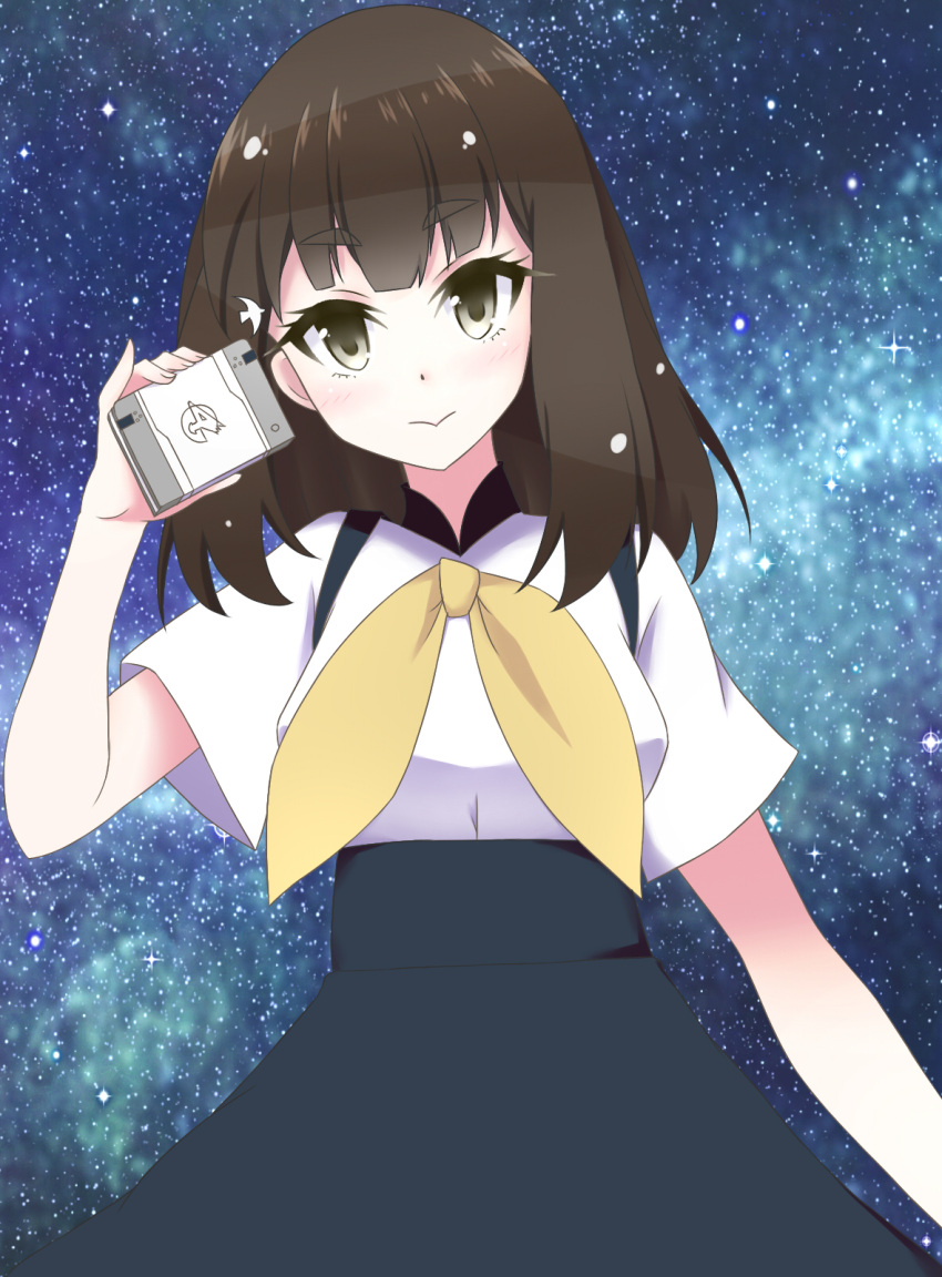 1girl :&gt; brown_eyes brown_hair gatchaman_crowds highres ichinose_hajime nikinoko sky star star_(sky) starry_background starry_sky