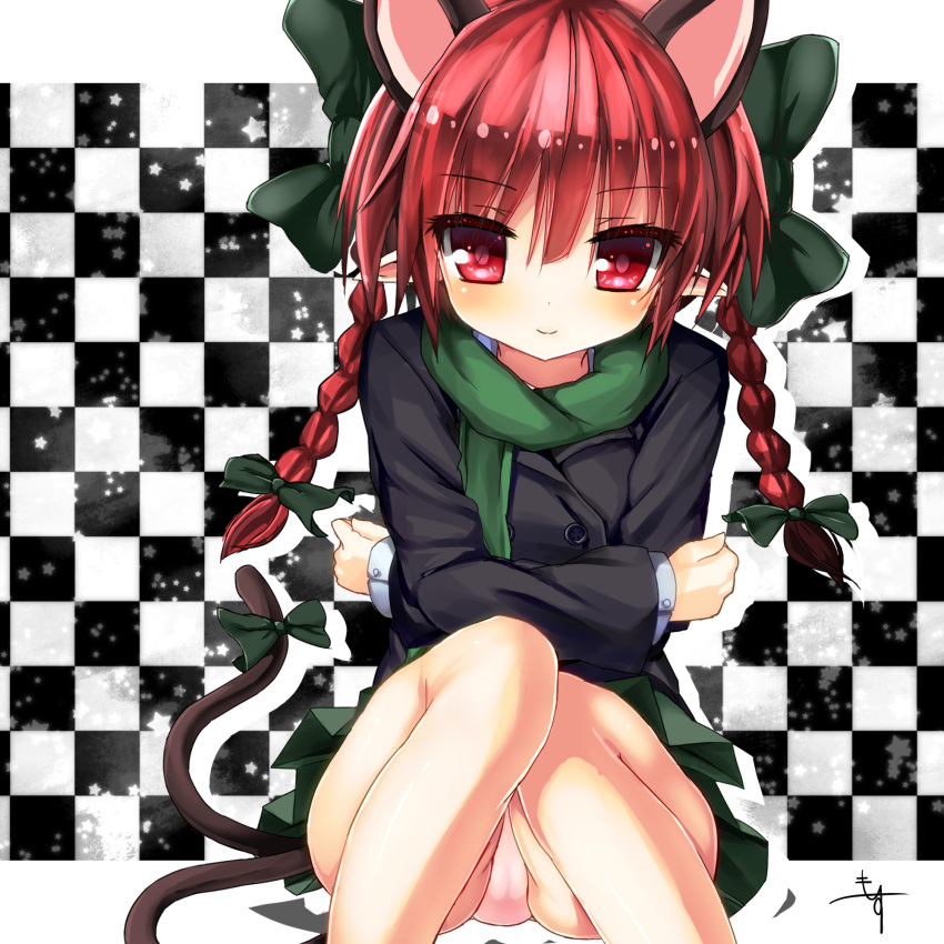 1girl 5240mosu alternate_costume animal_ears bell bow braid cat_ears cat_tail crossed_arms extra_ears hair_bow highres jacket kaenbyou_rin long_sleeves looking_at_viewer multiple_tails panties pantyshot pantyshot_(sitting) pink_panties pleated_skirt pointy_ears red_eyes redhead scarf shirt sitting skirt smile solo tail tail_bell touhou twin_braids underwear upskirt