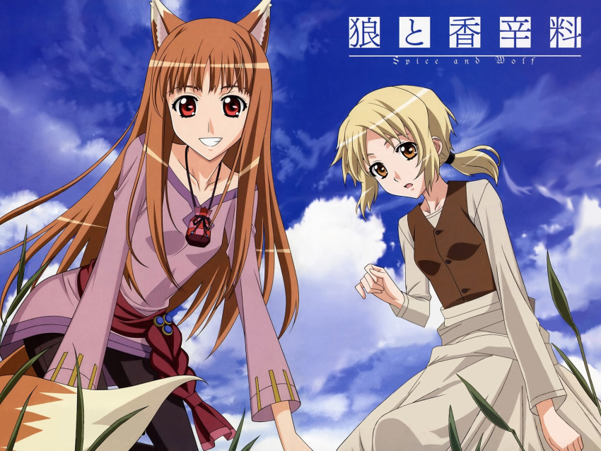 animal_ears blonde_hair brown_eyes holo nora_arento red_eyes sky smile spice_and_wolf tail wallpaper wolf_ears