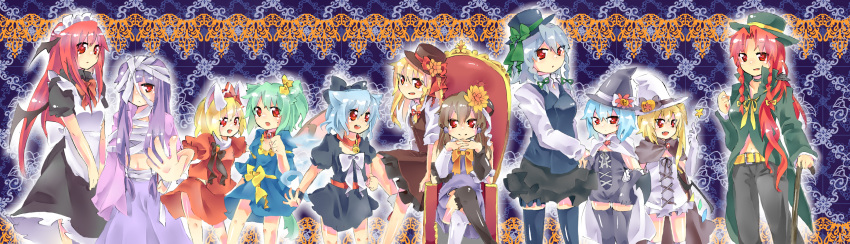 &gt;:) :d :o alternate_costume animal_ears asymmetrical_clothes bandages bat_wings belt blonde_hair blue_hair bow braid brown_hair bu-n cane cat_ears cat_tail chair cirno collar daiyousei enmaided everyone fang flandre_scarlet flower foreshortening green_hair hair_bow hair_ornament hair_over_one_eye hakurei_reimu halloween hat hat_ribbon head_wings highres hong_meiling izayoi_sakuya kemonomimi_mode kirisame_marisa koakuma long_image maid maid_headdress midriff multiple_girls navel no_hat no_headwear open_mouth oroshisenbei outstretched_arms patchouli_knowledge purple_hair red_eyes red_hair remilia_scarlet ribbon rumia side_ponytail silver_hair sitting smile spread_arms tail the_embodiment_of_scarlet_devil thighhighs top_hat touhou twin_braids v_arms vest wide_image wings witch_hat zettai_ryouiki