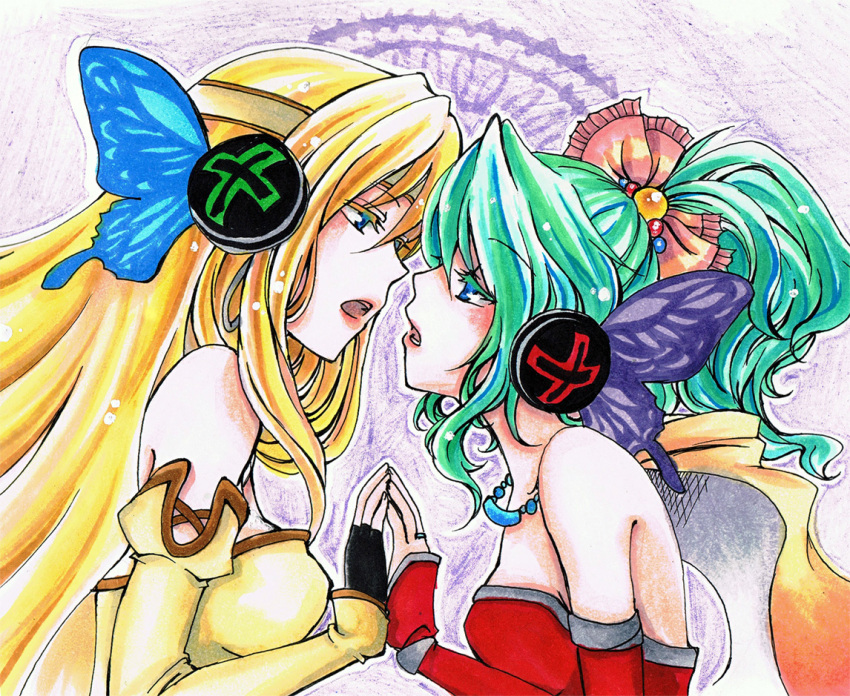 bare_shoulders blonde_hair blue_eyes bow butterfly_hair_ornament butterfly_wings cape celes_chere dissidia_final_fantasy earrings elbow_gloves final_fantasy final_fantasy_vi gloves green_hair hair_ornament headband headphones jewelry karasumi_abi lips long_hair magnet_(vocaloid) multiple_girls necklace parody ponytail ring tina_branford traditional_media vocaloid wings yuri