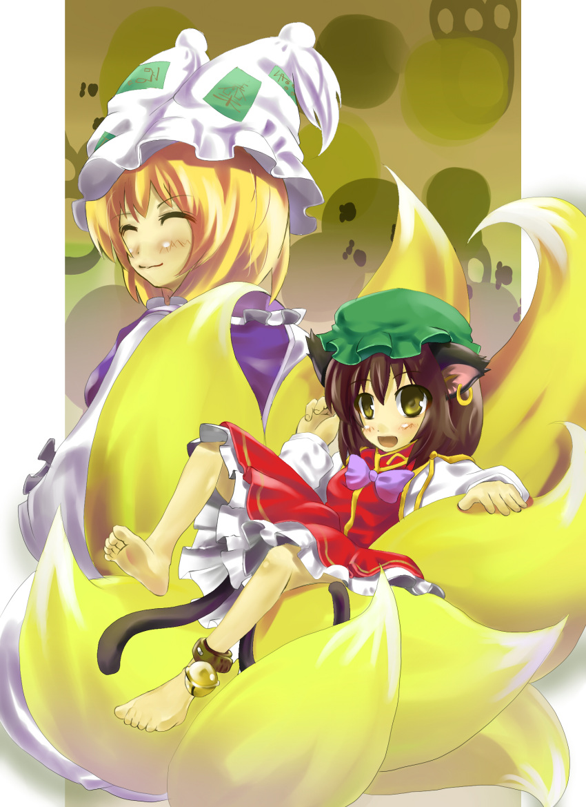 blonde_hair brown_hair cat_ears cat_tail chen earrings fox_tail hat highres jewelry multiple_tails short_hair tail touhou yakumo_ran yellow_eyes