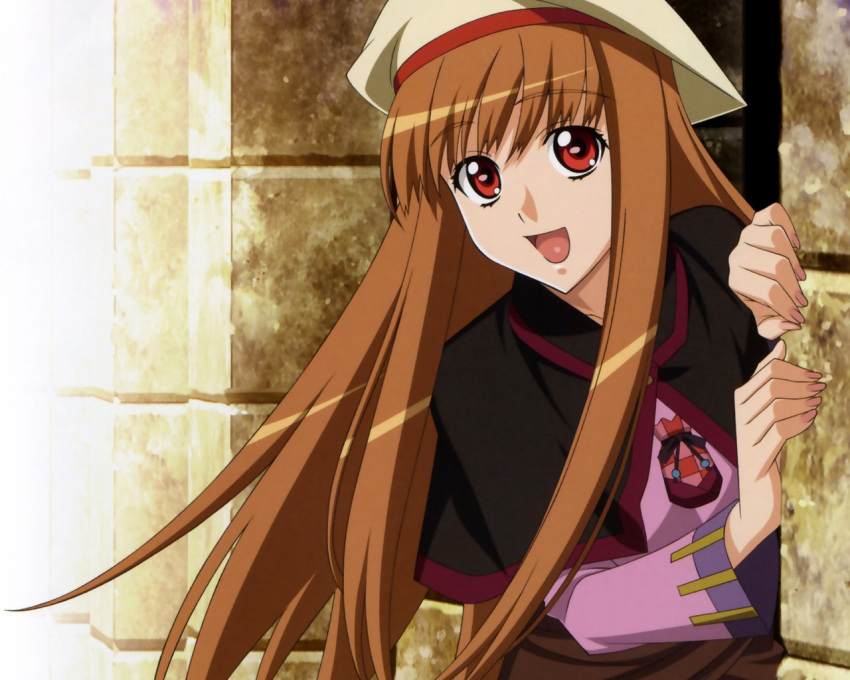 brown_hair cap holo long_hair red_eyes smile spice_and_wolf