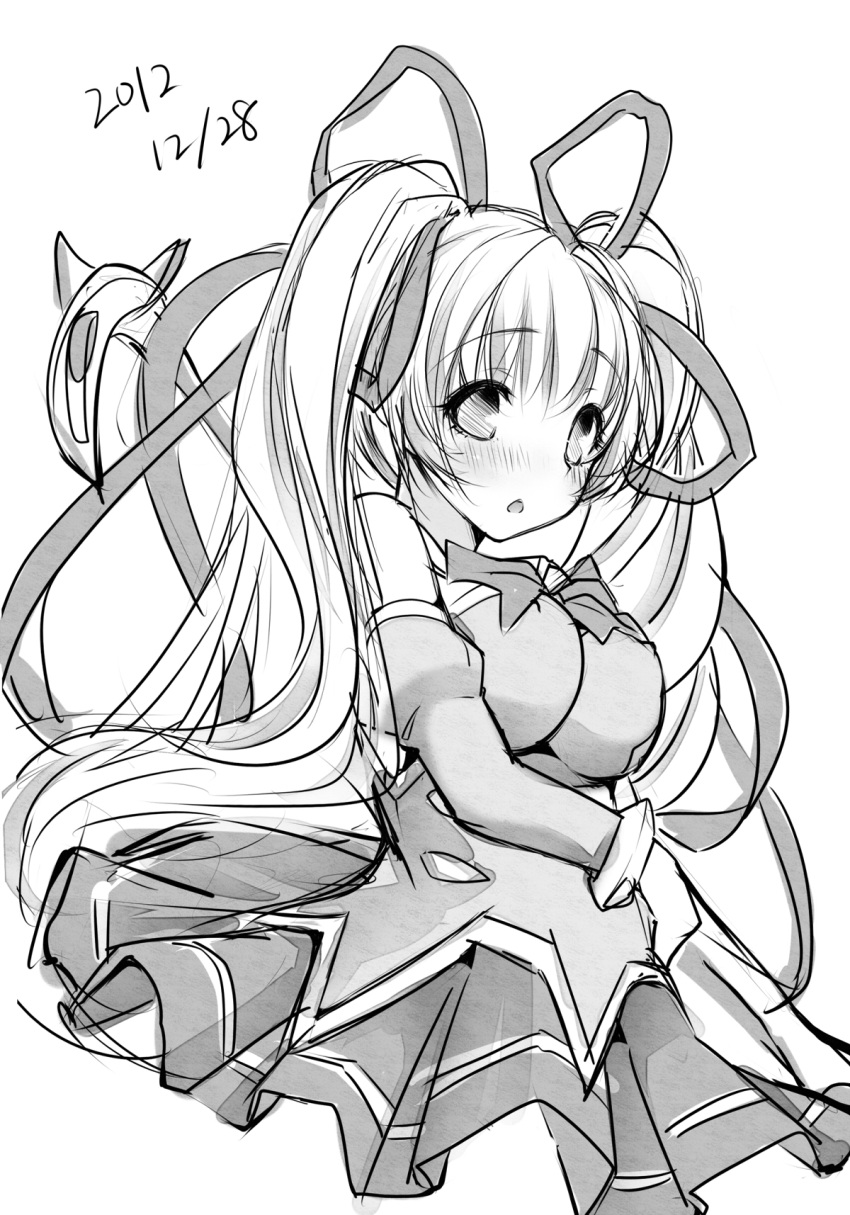 1girl blush breasts dated highres long_hair looking_at_viewer monochrome original sei000 simple_background sketch solo twintails white_background