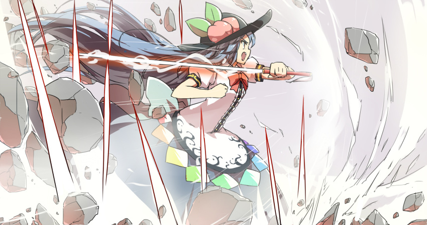 1girl blue_hair bow broken_ground food fruit hat highres hinanawi_tenshi mushiboy open_mouth peach puffy_sleeves red_eyes shirt short_sleeves skirt solo sword_of_hisou touhou