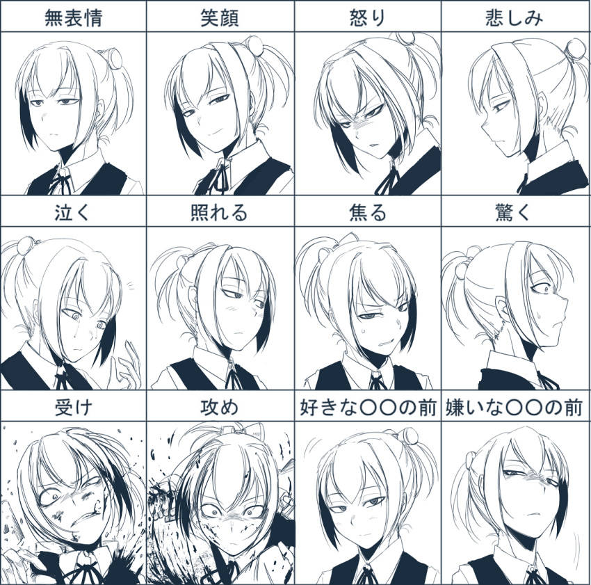 1girl angry blood chart clenched_hand expressionless facial_expressions gloves hair_ornament hetza_(hellshock) kantai_collection looking_at_viewer looking_down monochrome punching school_uniform shiranui_(kantai_collection) short_hair smile smirk sneer surprised sweat tears translation_request