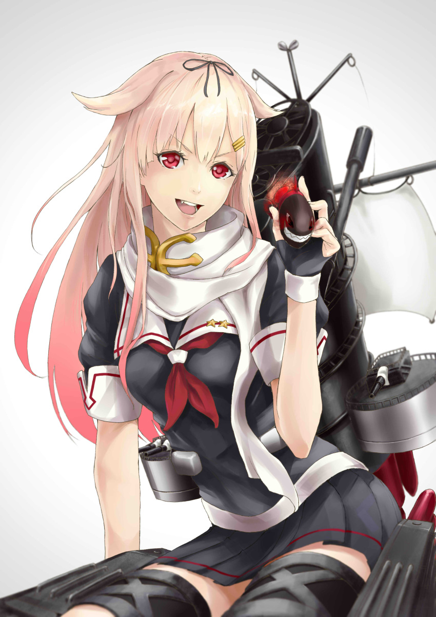 1girl absurdres blonde_hair bow breasts cannon fingerless_gloves gloves green_eyes hair_bow hair_ornament hair_ribbon hairclip highres kantai_collection long_hair messy_hair open_mouth personification red_eyes ribbon school_uniform serafuku short_sleeves skirt smile solo torpedo turret yuudachi_(kantai_collection)