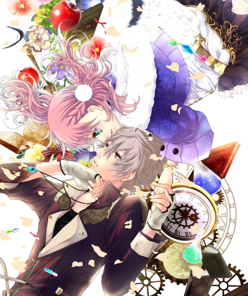1boy 1girl amiko_(frostedchocolate) apple atelier_(series) atelier_escha_&amp;_logy black_skirt bracelet braid clock escha_malier eye_contact fingerless_gloves food french_braid fruit gloves green_eyes grey_hair highres holding_hands jacket jewelry logix_ficsario looking_at_another petals pink_hair pom_pom_(clothes) roman_numerals short_hair skirt smile yellow_eyes