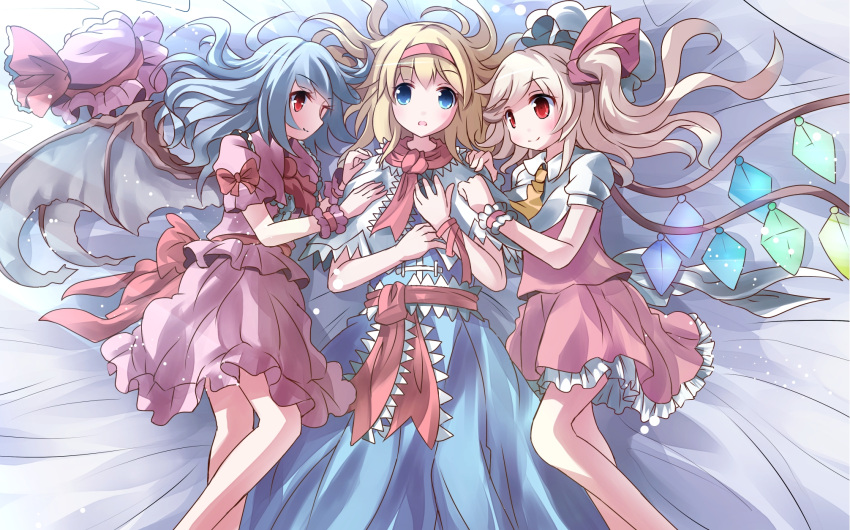 3girls alice_margatroid bat_wings blonde_hair blue_eyes blue_hair capelet flandre_scarlet girl_sandwich hair_ribbon hairband hat hat_removed hat_ribbon headwear_removed highres lying mob_cap multiple_girls on_back on_side open_mouth red_eyes remilia_scarlet ribbon risutaru sandwiched sash shirt side_ponytail skirt skirt_set smile touhou vest wings wrist_cuffs