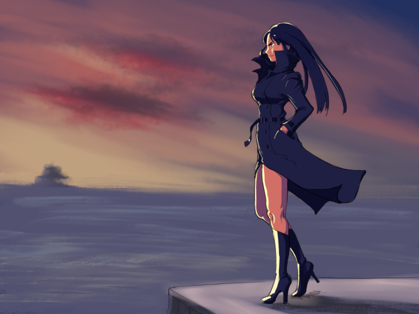 1girl belt black_hair boots breasts buckle clouds coat grey_eyes hands_in_pockets high_heels highres horizon kill_la_kill kiryuuin_satsuki long_coat long_hair ocean ryou2460 sky solo