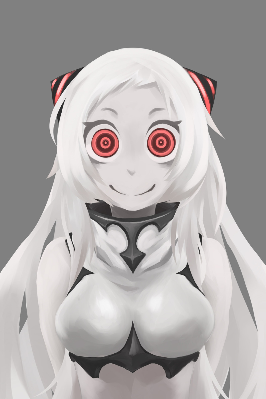 absurdres breasts bust character_request crazy_eyes deel_(rkeg) grey_background hairpods highres kantai_collection long_hair red_eyes ringed_eyes smile white_hair white_skin