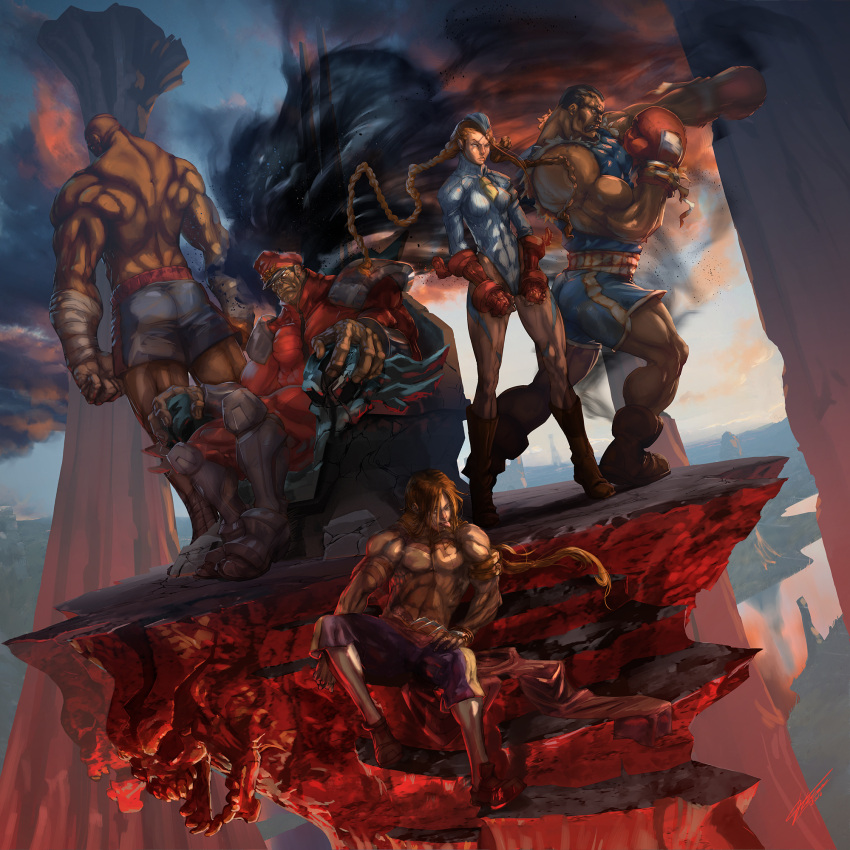 1girl 4boys :p aura balrog bodysuit boxing_gloves braid cammy_white claw_(weapon) dark_skin garrison_cap glowing glowing_eyes greaves group_picture hat highres long_hair m_bison multiple_boys muscle no_pupils peaked_cap ribbed_leotard sagat shirtless shoulder_pads sitting small_breasts standing street_fighter street_fighter_zero tattoo throne tommaso_renieri tongue twin_braids vega