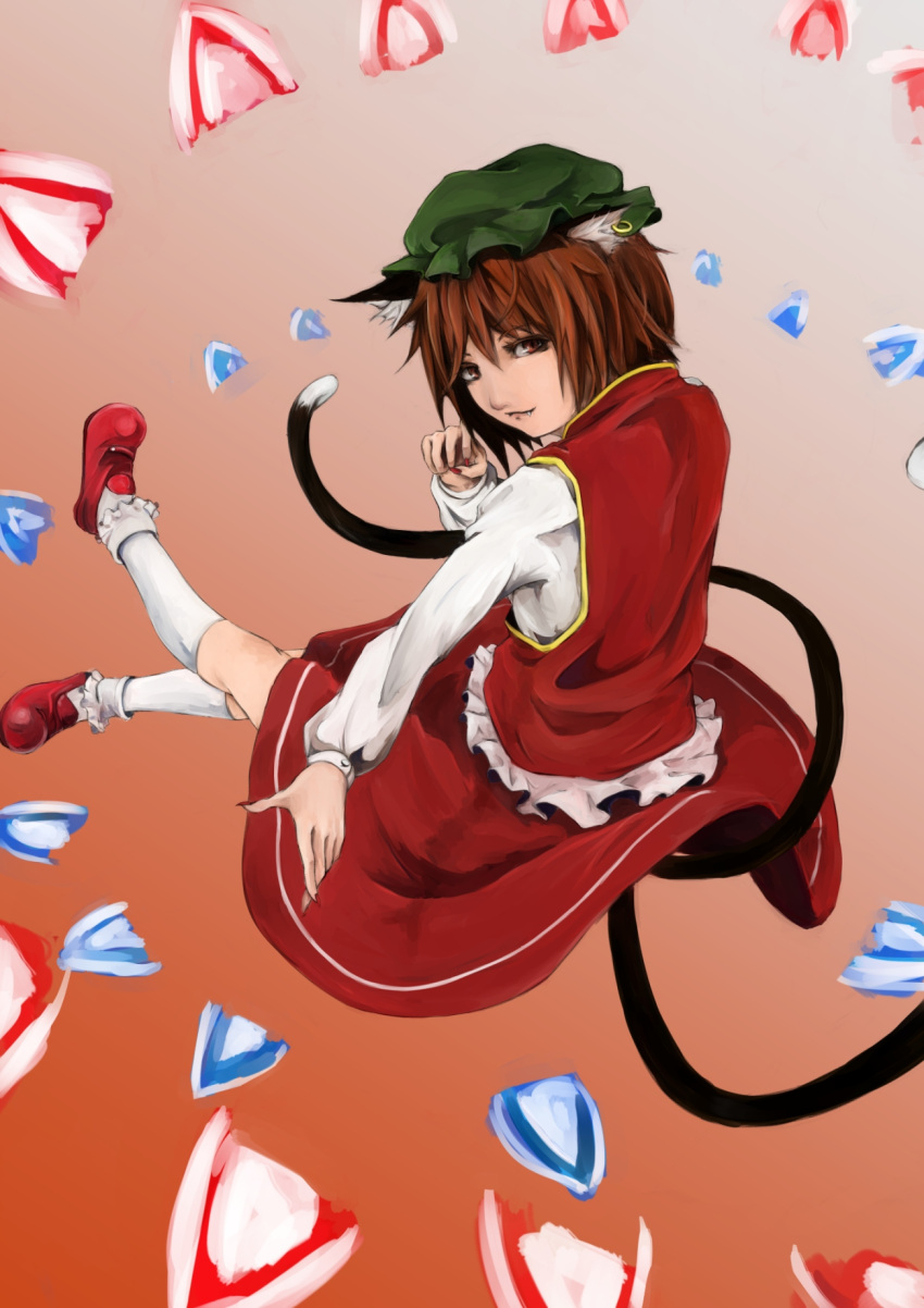 1girl animal_ears brown_eyes brown_hair cat_ears cat_tail chen danmaku dress fang_out fingernails frills gradient gradient_background hat highres jewelry lisitsa long_fingernails long_sleeves looking_back mary_janes mob_cap multiple_tails nail_polish red_dress red_skirt shoes short_hair single_earring skirt solo tail touhou two_tails vest