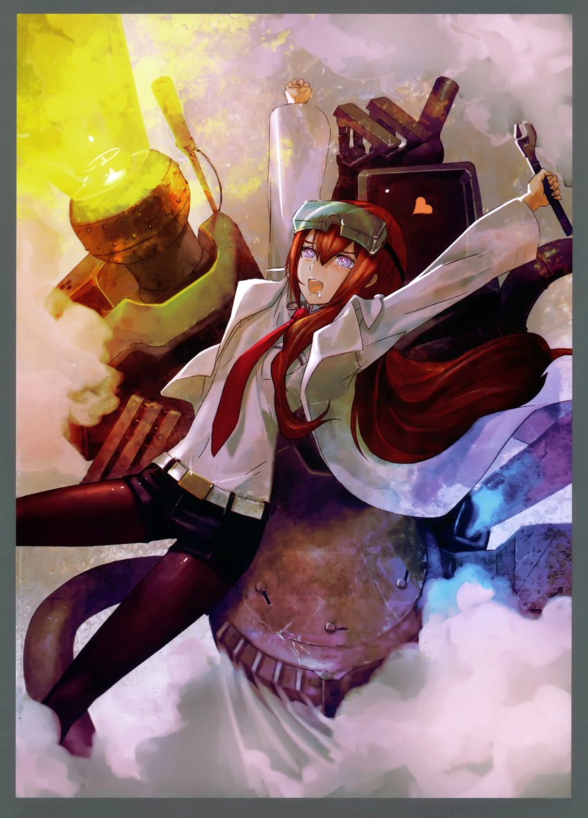 1girl :d absurdres arms_up black_legwear blue_eyes blush brown_hair drooling flat_chest goggles goggles_on_head highres huke labcoat long_hair makise_kurisu necktie open_mouth outstretched_arms pantyhose scan short_shorts shorts smile solo steins;gate wrench