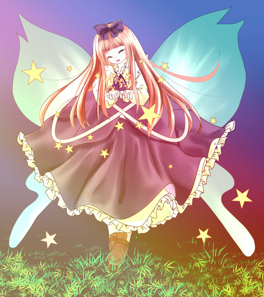 1girl bow capelet closed_eyes dress facing_viewer fairy_wings fingernails gradient gradient_background grass hair_bow head_tilt highres long_hair nyago open_hands open_mouth outdoors pink_hair solo star star_sapphire touhou wings
