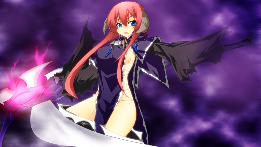 1girl artist_request blue_eyes breasts glowing glowing_weapon highres horns kamidori_alchemy_meister long_hair no_bra no_panties open_mouth ragsmuena redhead scythe side_slit sideboob skull sleeves_past_wrists solo tagme thighs weapon wide_sleeves