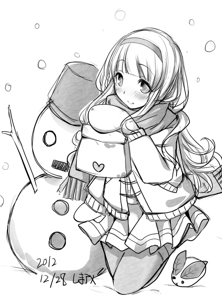 1girl blush dated heart highres long_hair monochrome scarf sei000 simple_background skirt smile snow_bunny snowman solo thigh-highs white_background
