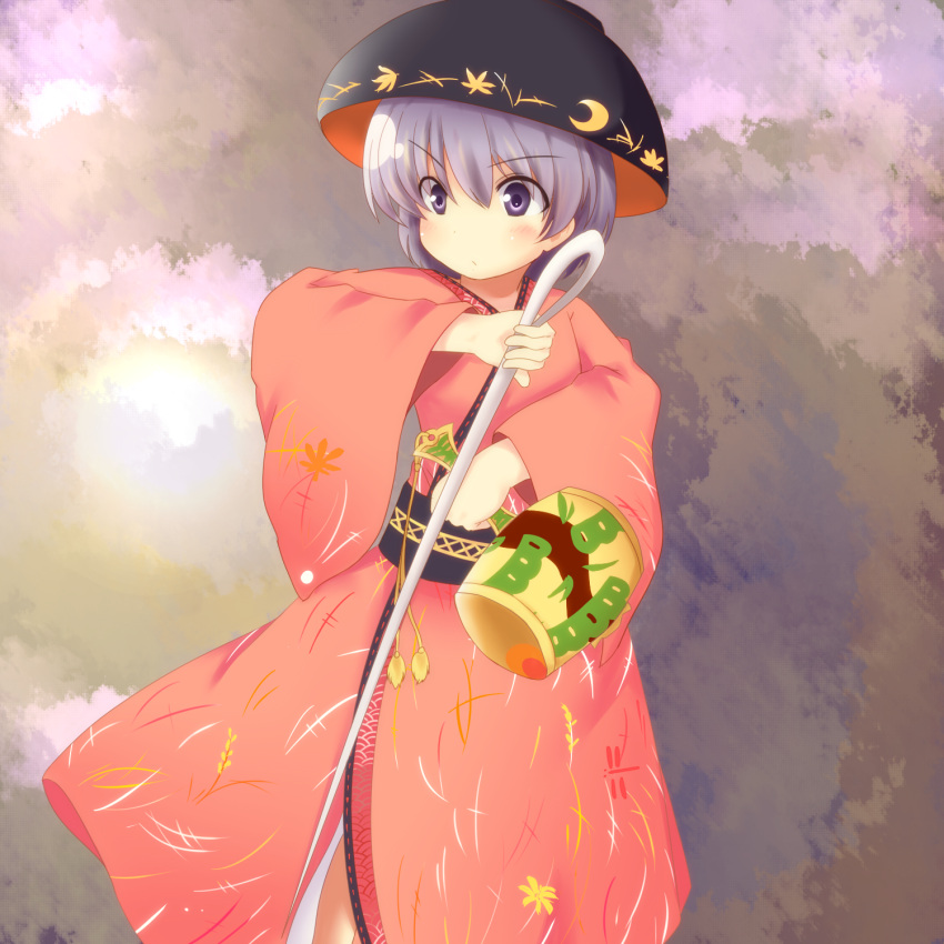 1girl bowl chiro-minami clouds cloudy_sky facing_away frown highres japanese_clothes kimono lavender_hair long_sleeves mallet needle obi reverse_grip sash short_hair sky solo sukuna_shinmyoumaru touhou violet_eyes