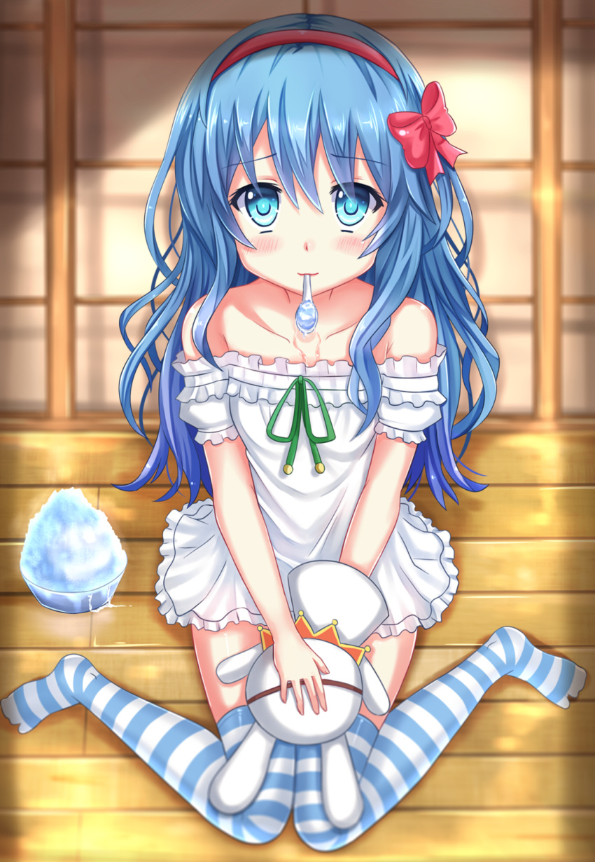 1girl alternate_costume bare_shoulders blue_eyes blue_hair blush bow date_a_live dress hair_bow hairband hand_puppet highres kazenokaze long_hair looking_at_viewer puppet shaved_ice solo striped striped_legwear stuffed_toy thigh-highs white_dress wooden_floor yoshino_(date_a_live) yoshinon