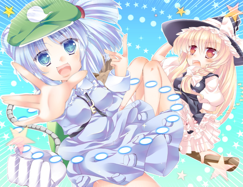 2girls blonde_hair blue_background blue_eyes blue_hair bow braid breasts broom broom_riding danmaku emphasis_lines extra_arms fang flying hair_bobbles hair_bow hair_ornament hand_on_headwear hat index_finger_raised iyokan-zeri kawashiro_nitori key kirisame_marisa knees_together knees_up long_hair long_sleeves looking_at_viewer multiple_girls open_mouth outstretched_hand puffy_short_sleeves puffy_sleeves short_hair short_sleeves single_braid skirt skirt_set star star-shaped_pupils symbol-shaped_pupils touhou twintails witch_hat