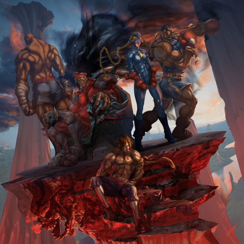 1girl 4boys :p aura balrog bodysuit boxing_gloves braid claw_(weapon) dark_skin decapre garrison_cap glowing glowing_eyes greaves group_picture hat highres long_hair m_bison mask multiple_boys muscle no_pupils peaked_cap revision ribbed_leotard sagat shirtless shoulder_pads sitting small_breasts standing street_fighter street_fighter_zero tattoo throne tommaso_renieri tongue twin_braids vega