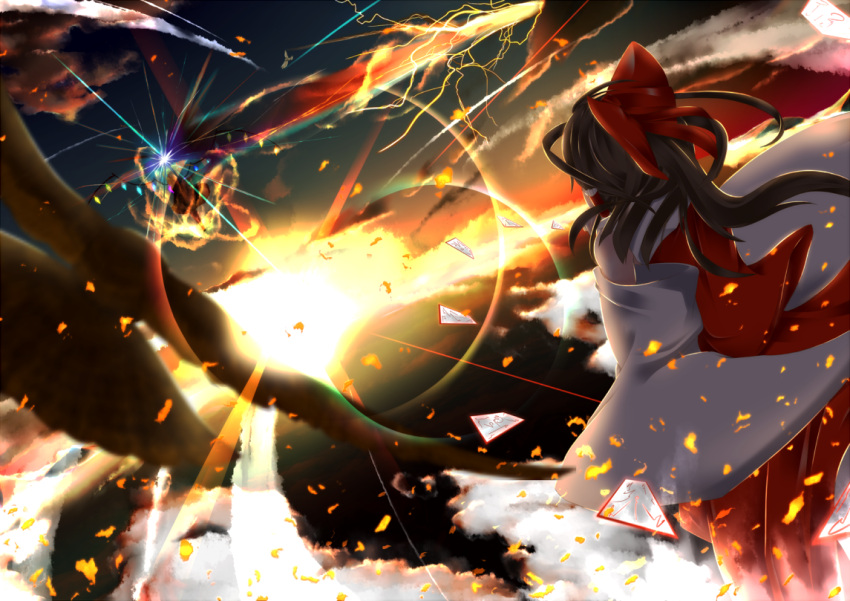 2girls aura battle bow brown_hair clouds crystal detached_sleeves flandre_scarlet hair_bow hakurei_reimu horizon lightning long_hair lystick multiple_girls nontraditional_miko ofuda shining sky sun sunrise touhou wide_sleeves wings