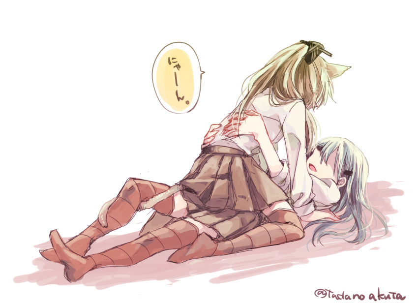 2girls animal_ears brown_hair brown_legwear cat_ears cat_tail dress_shirt girl_on_top green_hair hair_ornament hairclip kagekichirou kantai_collection kemonomimi_mode kumano_(kantai_collection) long_hair multiple_girls open_mouth personification ponytail shirt sitting sitting_on_person skirt suzuya_(kantai_collection) tail thigh-highs translation_request