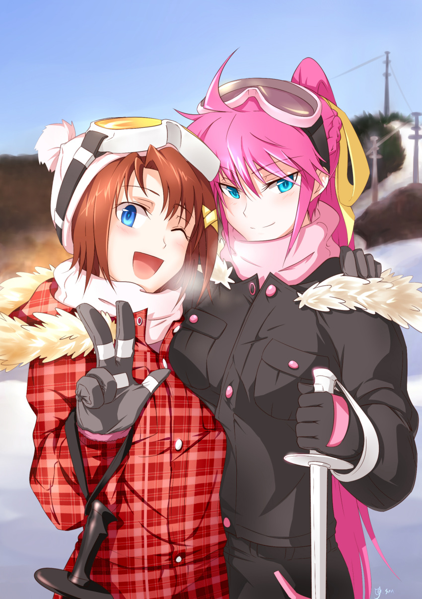2girls absurdres aqua_eyes blue_eyes breast_rest breasts brown_hair gloves goggles goggles_on_head highres long_hair lyrical_nanoha mahou_shoujo_lyrical_nanoha multiple_girls pink_hair signum sm318 smile v wink winter_clothes yagami_hayate