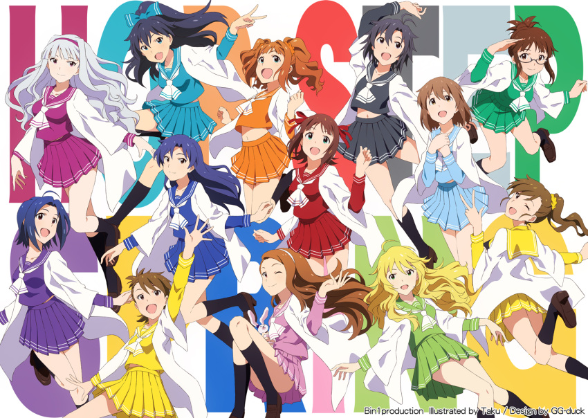 akizuki_ritsuko amami_haruka black_eyes blonde_hair blue_eyes brown_eyes brown_hair collar everyone futami_ami futami_mami ganaha_hibiki green_eyes hagiwara_yukiho hair_ornament highres hoshii_miki idolmaster kikuchi_makoto kisaragi_chihaya long_hair looking_at_viewer midriff minase_iori miura_azusa multiple_girls open_mouth purple_hair ribbon sailor_dress shijou_takane short_hair siblings side_ponytail sisters smile socks takatsuki_yayoi taku1122 twins twintails