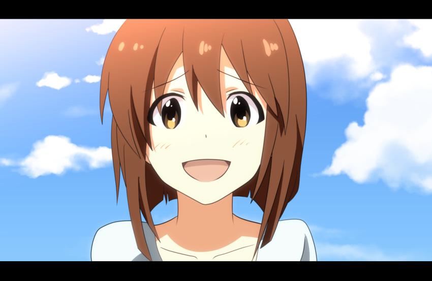 1girl absurdres anime_coloring brown_hair close-up clouds hagiwara_yukiho highres idolmaster letterboxed looking_at_viewer open_mouth short_hair sky solo tomon_(slash0410) yellow_eyes