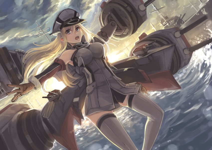 1girl bismarck_(kantai_collection) blonde_hair blue_eyes breasts brown_gloves clouds detached_sleeves dutch_angle gloves grey_legwear hair_between_eyes hat kantai_collection ks long_hair machinery open_mouth outstretched_arm personification ship solo thigh-highs water