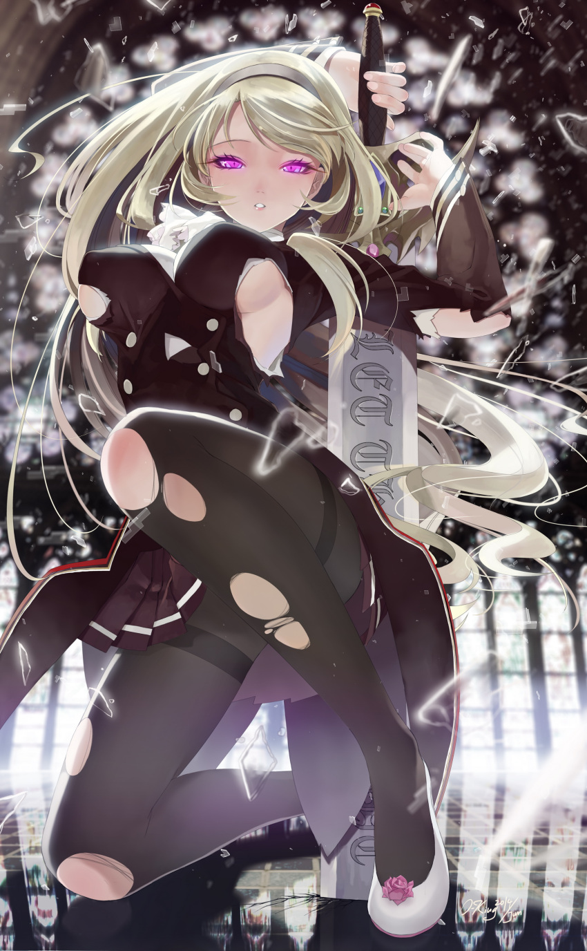 1girl absurdres arms_up black_legwear blonde_hair blush hairband highres long_hair okingjo one_knee original pantyhose parted_lips school_uniform solo sword torn_clothes torn_pantyhose violet_eyes weapon