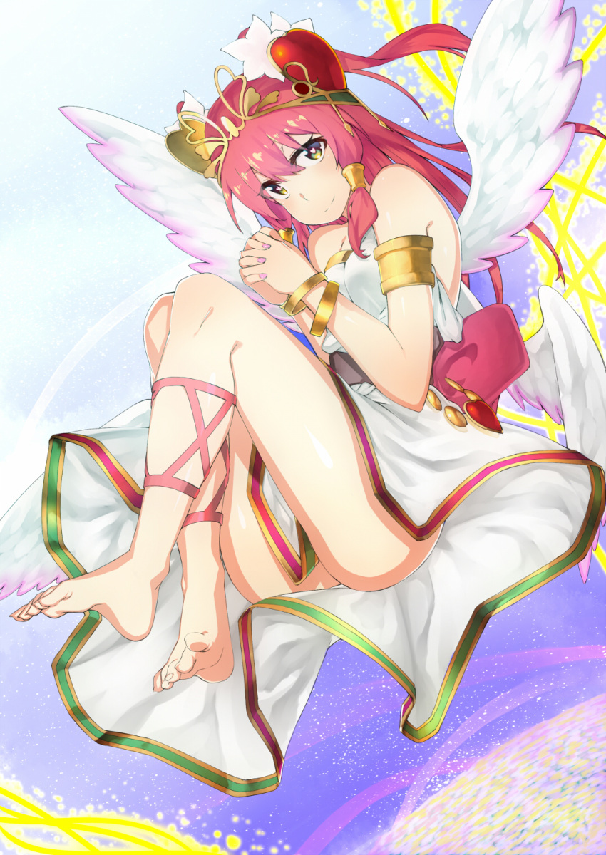 1girl ankle_lace-up bare_shoulders barefoot bracelet cross-laced_footwear hachi105 hands_clasped headdress heart heart-shaped_pupils highres jewelry long_hair looking_at_viewer pink_hair puzzle_&amp;_dragons smile solo symbol-shaped_pupils venus_(p&amp;d) wings yellow_eyes