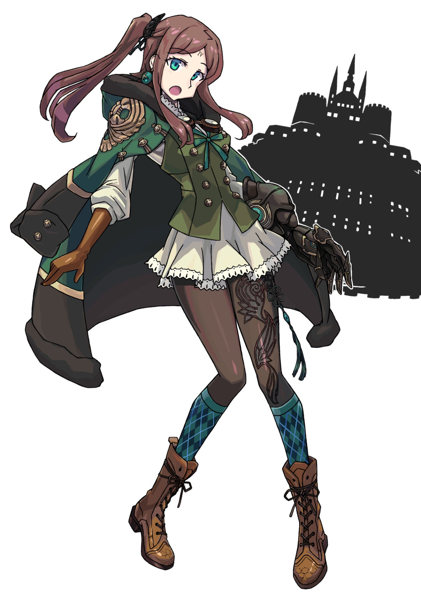 1girl asymmetric_gloves asymmetrical_legwear boots brown_hair buttons cross-laced_footwear drag-on_dragoon_3 earrings four_(drag-on_dragoon) gauntlets gloves green_eyes highres jacket_on_shoulders jewelry long_hair open_mouth pantyhose revo_(artist) side_ponytail skirt socks_over_pantyhose solo